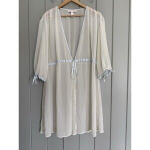 Oscar de la Renta Pink Label Mesh Robe XL Lingerie Bed Jacket Ivory Blue Trim